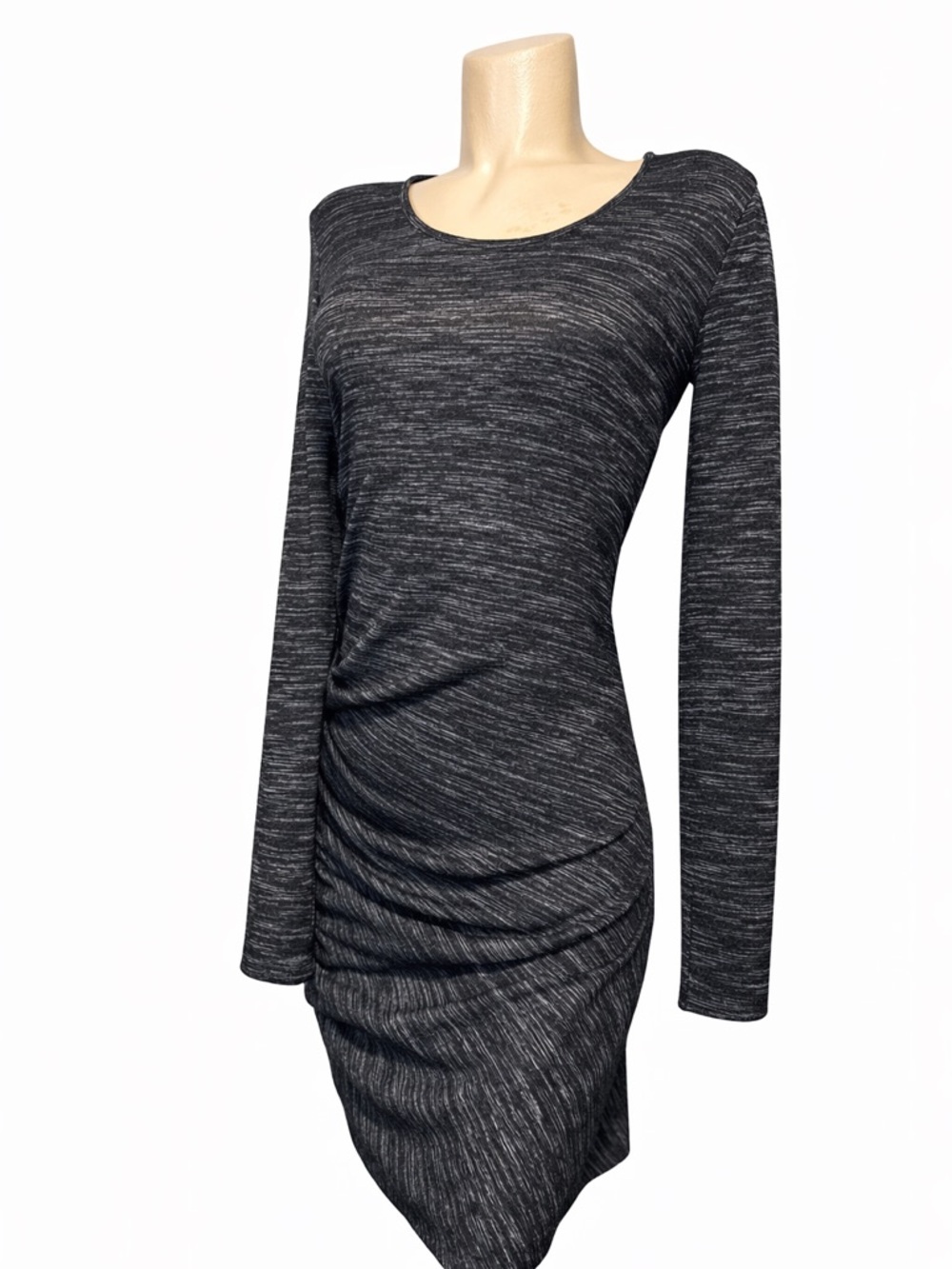 La Classe Couture Long Sleeve Ruched Heathered Black Dress Small
